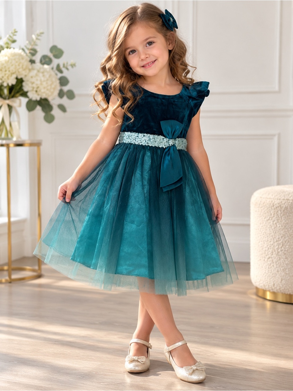 Jona Michelle Teal and Deep Teal Tulle Party Dress with Bow